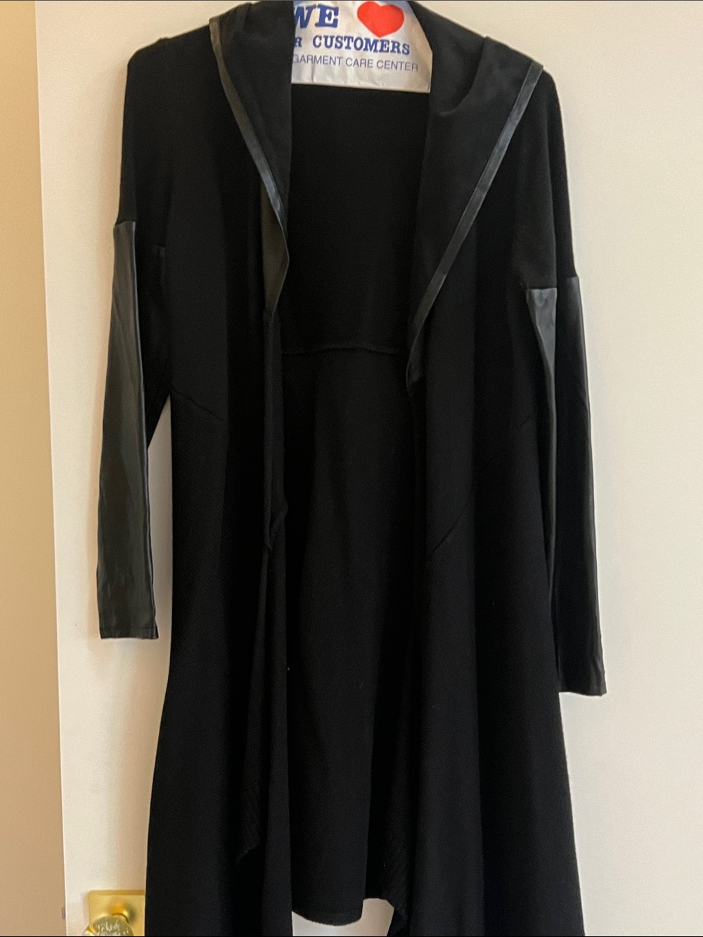 Women’s Black Hooded Open-Front Leather-Trim Jacket